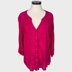 cb est 1962 Dressbarn XL Dark Pink Button Front V Neck 3/4 Sleeve Blouse